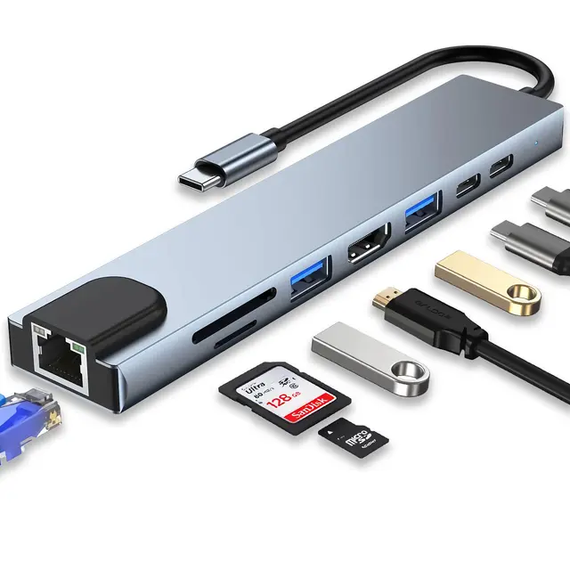 Vention USB-C MULTI-FUNCTIONAL 8 in 1 DOCKING STATION -Type C HDMI(4K @60HZ)/USB3.0 (3 PORTS)/RJ45/TF/SD/PD(100W) Converter 0.15M Gray
